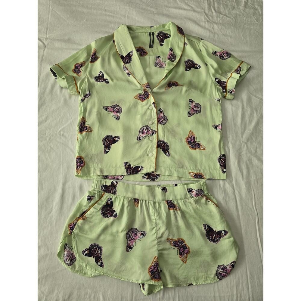 Anthro Butterfly Pajama Set Top S Shorts XS Green Lounge Sleepwear Resort girly - Picture 3 of 15